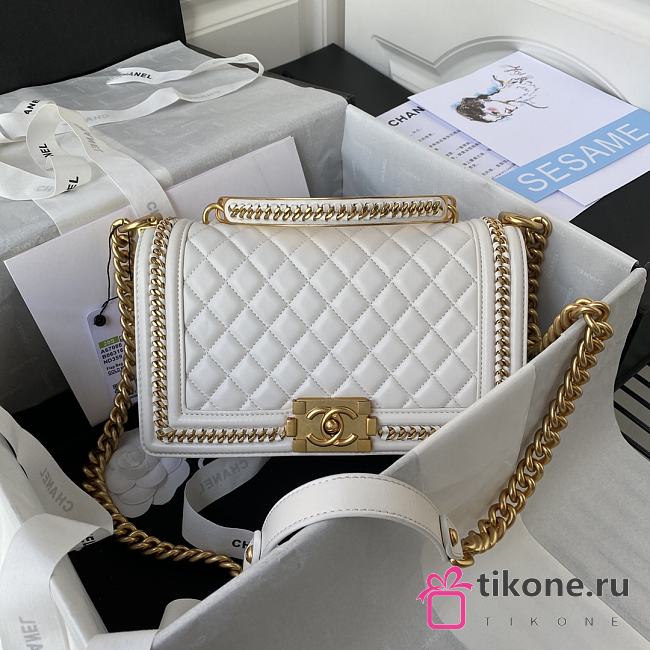 Chanel 25 Lambskin Quilted Medium Chain Detail Boy Flap White  - 1