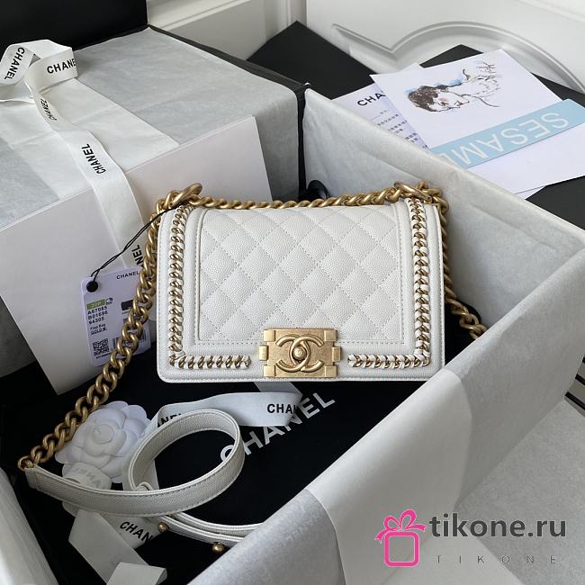 Chanel 20 Caviar Quilted Medium Chain Detail Boy Flap White  - 1