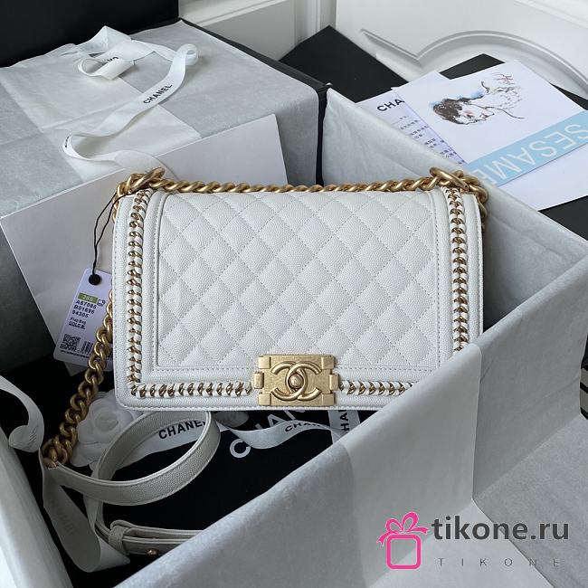 Chanel 25 Caviar Quilted Medium Chain Detail Boy Flap White  - 1