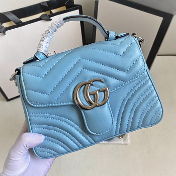GG Blue Leather Marmont Quilted Small Shoulder Bag - 21x8x15cm