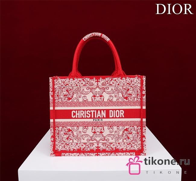 DIOR| Small Book Tote White And Red Bandama Embroidery - 26.5x21x14cm - 1