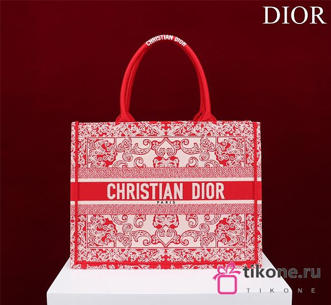 DIOR| Medium Book Tote White And Red Bandama Embroidery - 36x28x18cm - 1