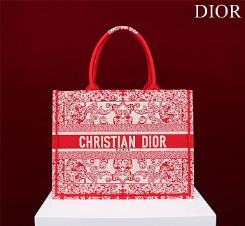 DIOR| Medium Book Tote White And Red Bandama Embroidery - 36x28x18cm