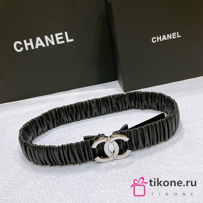 CHANEL| Black Elastic Belt With Silver Hardware Width 30mm - 1