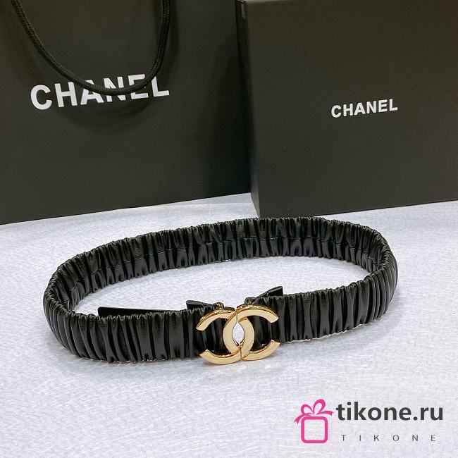 CHANEL| Black Elastic Belt With Gold Hardware Width 30mm - 1