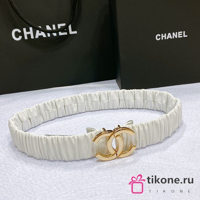 CHANEL| White Elastic Belt With Gold Hardware Width 30mm - 1