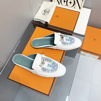 Hermes White-Blue Kelly Buckle Half Flip Shoes