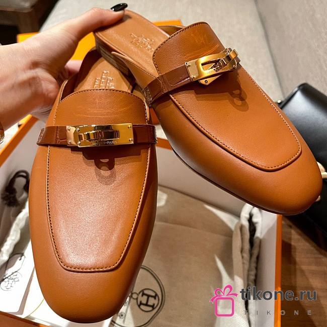 Hermes Brown Kelly Gold Buckle Half Flip Shoes - 1