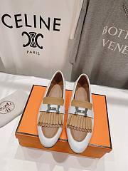 Hermes Kelly White-Beige Silver Buckle Loafers - 1