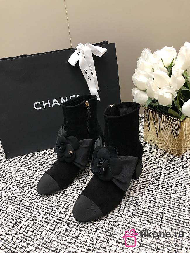 Chanel Short Black Boots Suede Kidskin & Grosgrain - 1