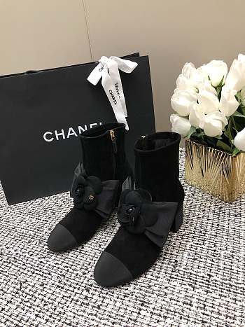 Chanel Short Black Boots Suede Kidskin & Grosgrain