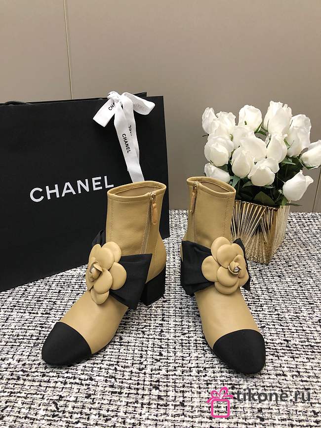 Chanel Short Beige Boots Suede Kidskin & Grosgrain - 1