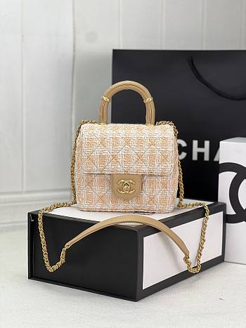 Chanel 2023 Tweed Handle Top Handle Pink Flap Bag - 15x15.5x7.5cm