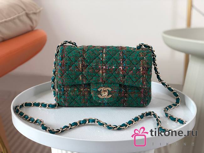 Chanel Tweed Quilted Mini Flap Green 20cm - 1