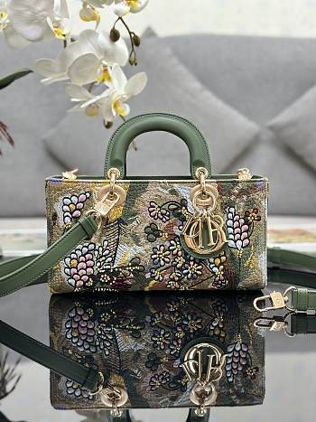 Dior Medium Lady D-joy Green Multicolor Lily And Bead Embroidery 26x13.5x5cm