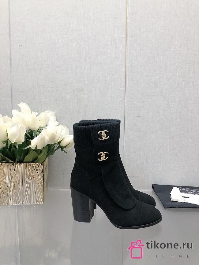 Chanel Black Velvet Crumpled Calfskin Boots - 1