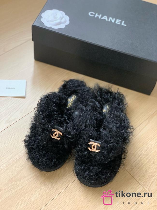 Chanel Black Fur Gold Logo Slippers - 1