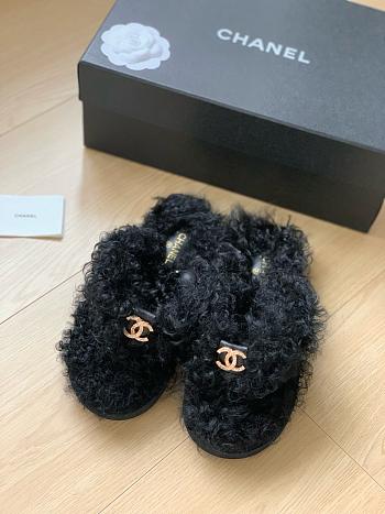 Chanel Black Fur Gold Logo Slippers