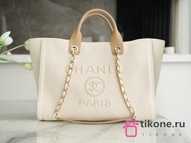 Chanel Natural Canvas and Tan Leather Large Pearl Deauville Tote - 1