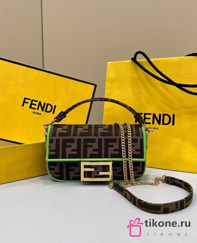 Fendi Mini Baguette Fabric Jacquard Green Hem Bag - 19x11x5cm - 1