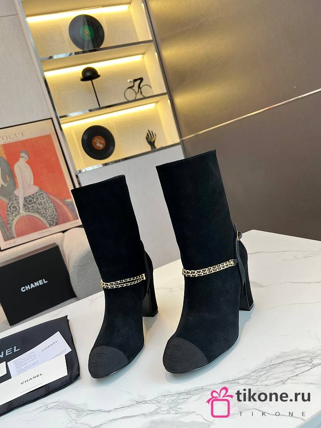 Chanel Black Velvet High Heels Boots - 1