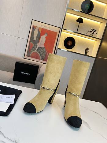 Chanel Beige Velvet High Heels Boots
