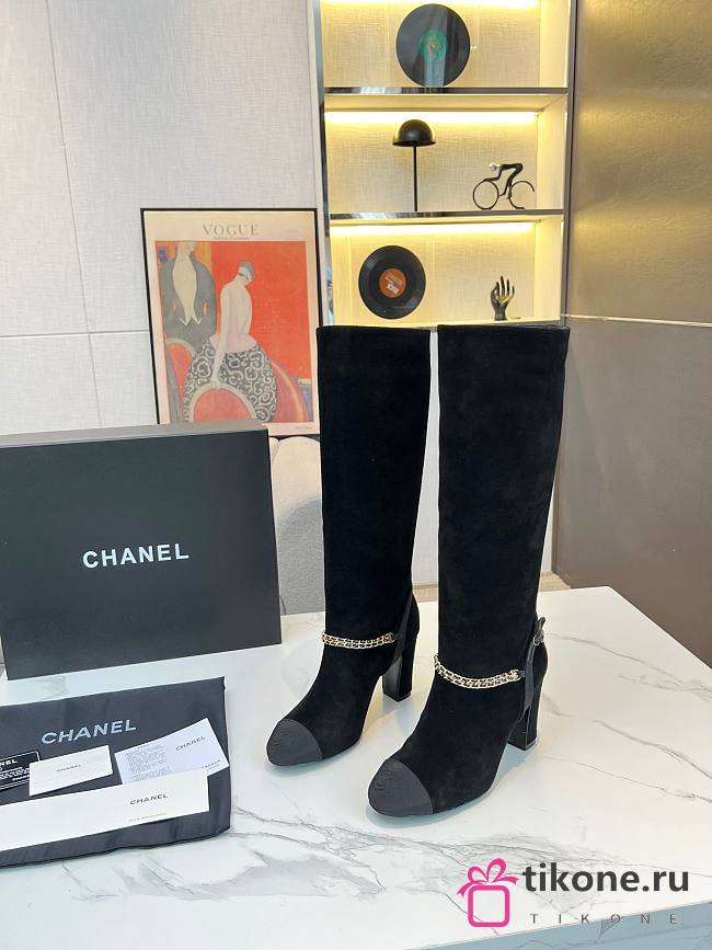 Chanel Long Black Velvet High Heels Boots - 1