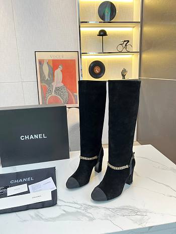 Chanel Long Black Velvet High Heels Boots