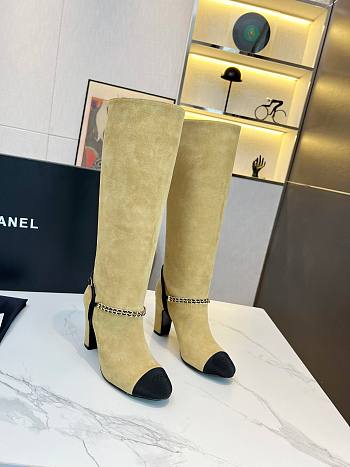 Chanel Long Beige Velvet High Heels Boots