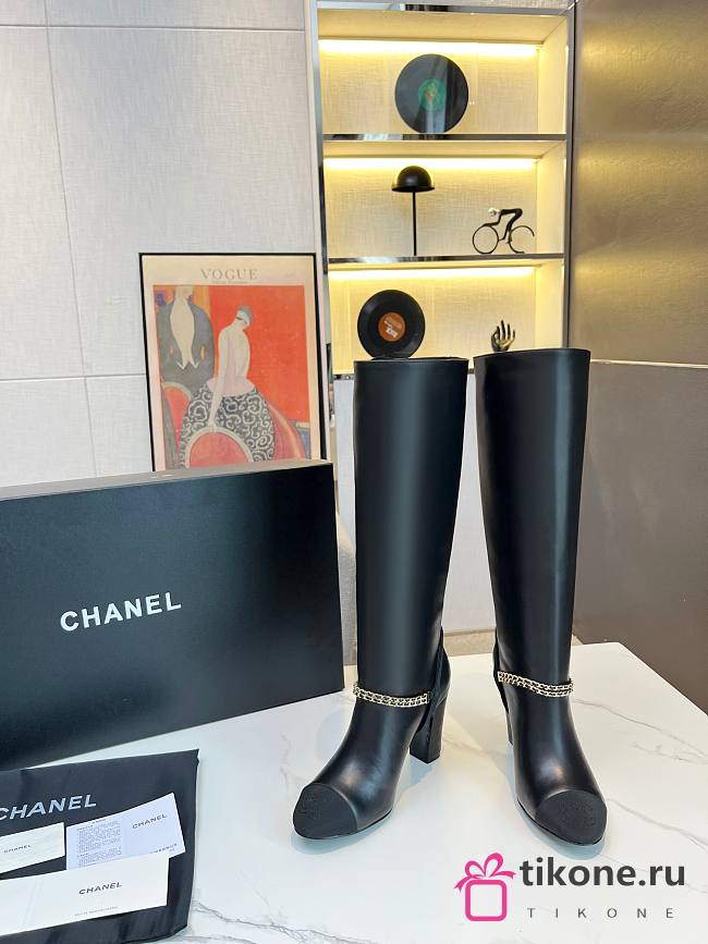 Chanel Long Black Leather High Heels Boots - 1