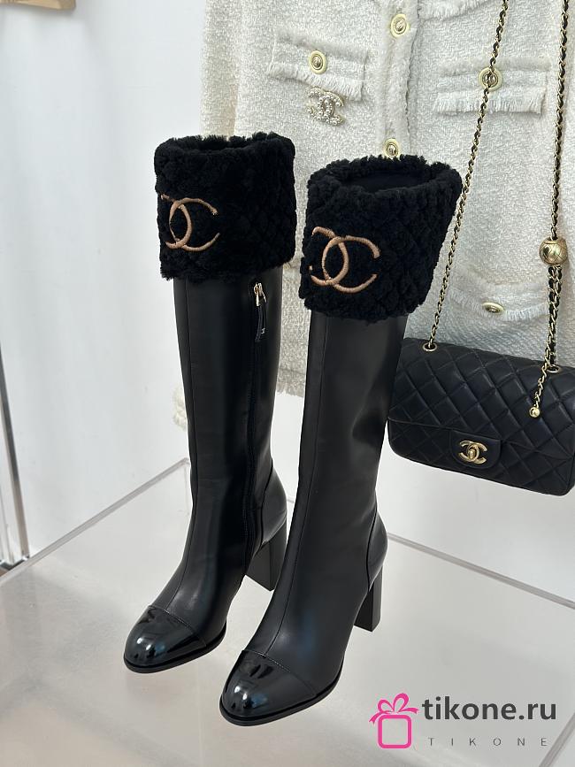 Chanel Long Black Boots Leather With Fur - 1