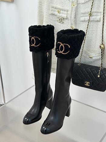 Chanel Long Black Boots Leather With Fur