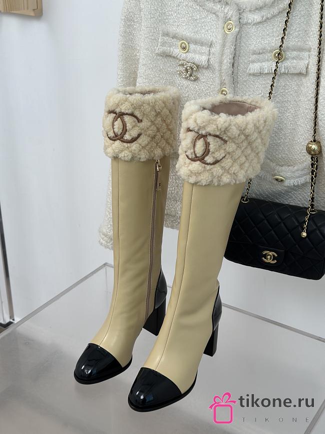 Chanel Long Beige Boots Leather With Fur - 1