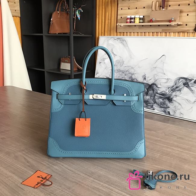 Hermes Birkin Gold Tone Blue Handbag 35cm - 1