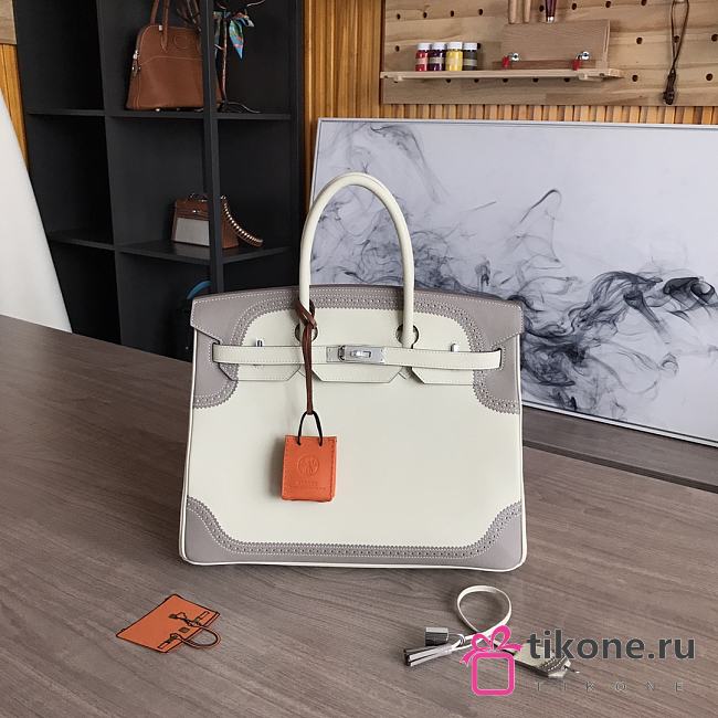 Hermes Grey/ White Birkin Gold Tone Handbag 35cm - 1