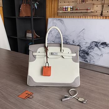 Hermes Grey/ White Birkin Gold Tone Handbag 35cm