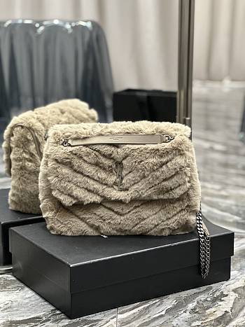 YSL Loulou Puffer Grey Quilted Shearling Bag - 28×20.5×8.5cm