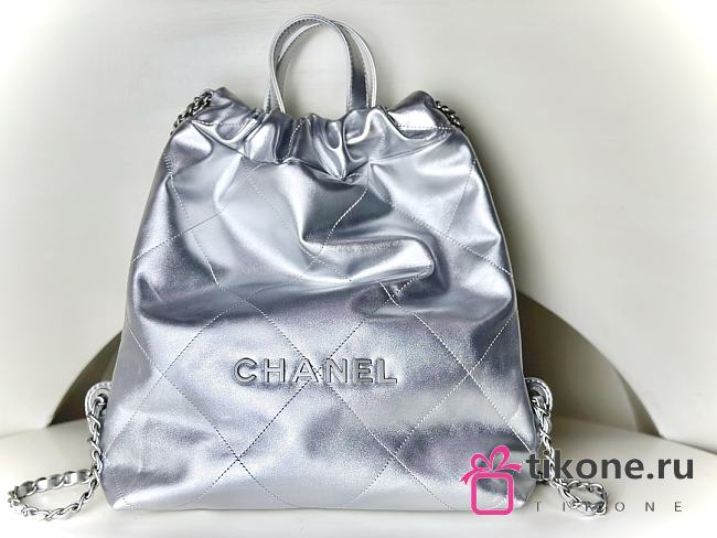 Chanel 22 Small Silver Leather Bucket Bag - 22x24.5x8cm - 1