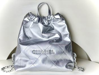 Chanel 22 Small Silver Leather Bucket Bag - 22x24.5x8cm
