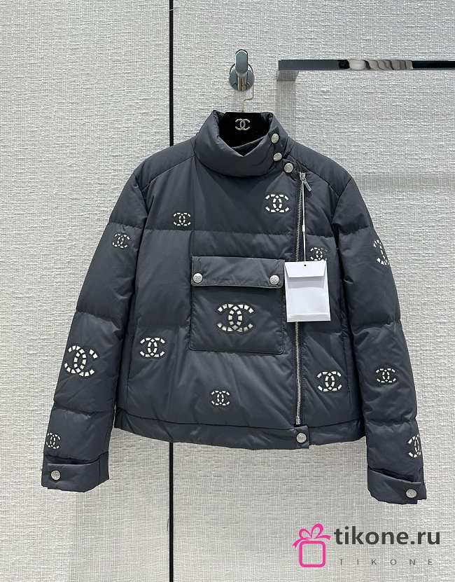 Chanel Black Down Coat White Logo - 1