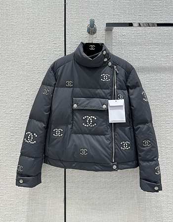 Chanel Black Down Coat White Logo