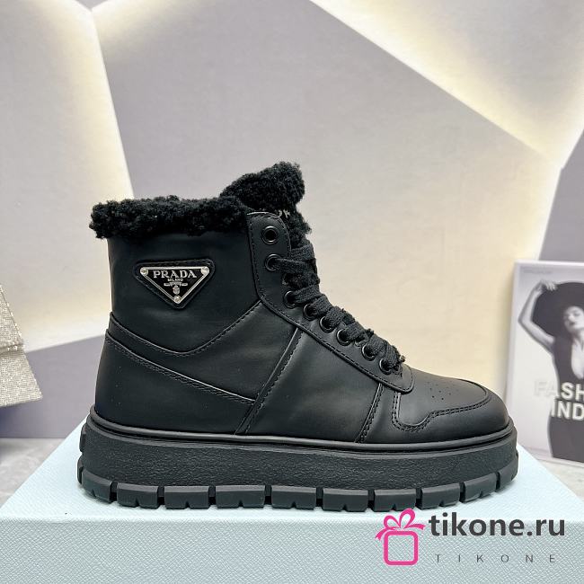 Prada Logo High-Top Black Leather Sneakers - 1