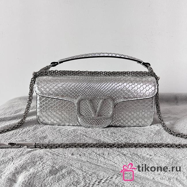 Valentino Vlogo Silver Python Leather Handbag - 27×13×6cm - 1