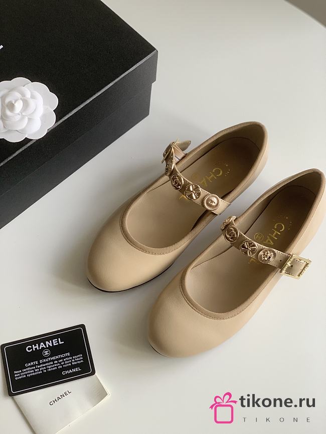 Chanel Gold Coin Buckle Beige Mary Jane Loafers - 1