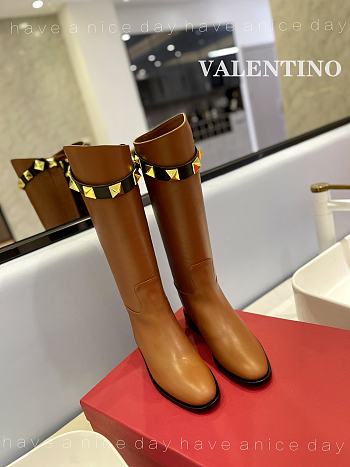 Valentino Calfskin Brown Leather Roman Stud Boots