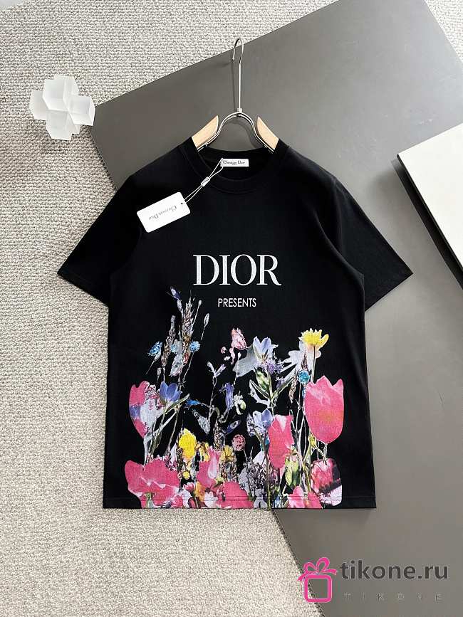 Dior Men's T-shirts Floral Printed Black - 1