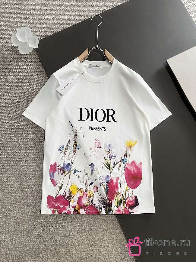 Dior Men's T-shirts Floral Printed White - 1