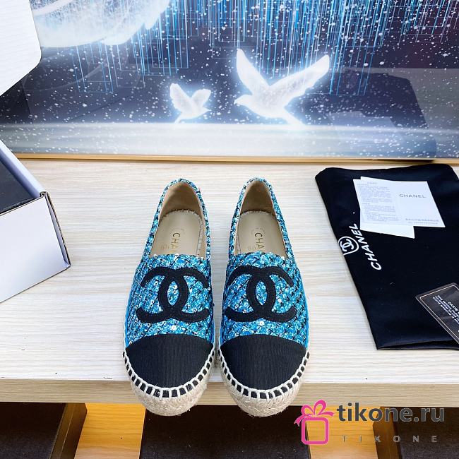 Chanel Blue Espadrilles Glittered Cotton Tweed Lambskin - 1