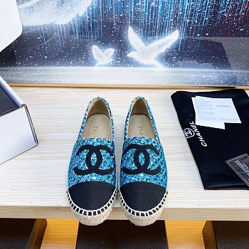 Chanel Blue Espadrilles Glittered Cotton Tweed Lambskin