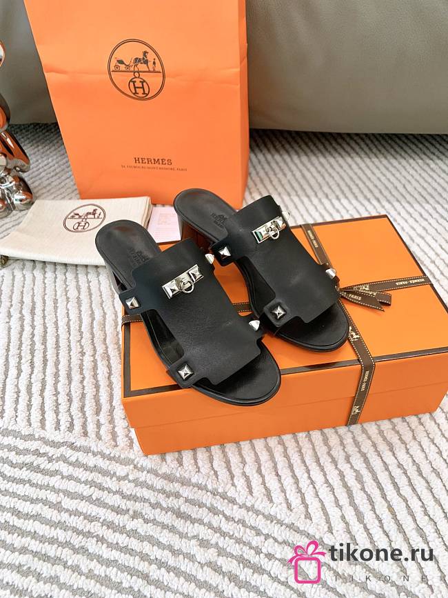 Hermes Invincible Black Leather Sandals - 1